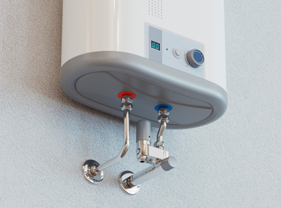 Wall-mounted water heater with a digital temperature display and temperature control dial.
