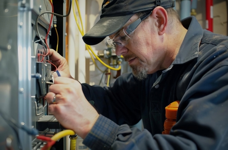 An electrician is carefully repairing wires inside of a metal box.