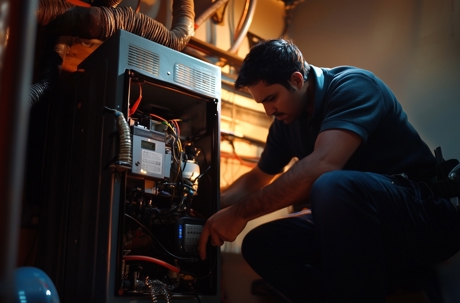 Worker looking at heating unit