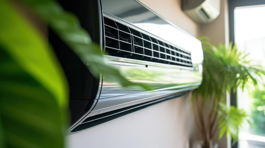 a close-up of a sleek, wall-mounted air conditioner. A large green plant partially obscures the view