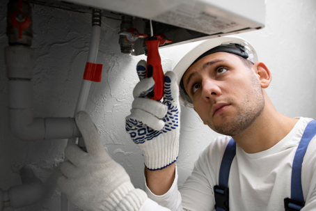 A plumber wearing a hard hat and work gloves uses a wrench to tighten a pipe fitting.