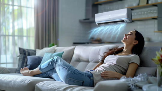 A woman is relaxing on a sofa, enjoying the cool air from a ductless air conditioner.