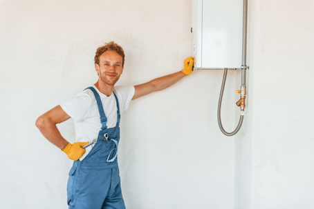 A smiling plumber in blue overalls and gloves leans confidently against a newly installed, white wall-mounted water heater.