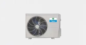 Ductless heat pump outdoor unit with a fan, showcasing energy-efficient design and branding relevant to HVAC services.