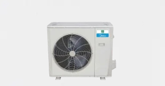 Ductless heat pump outdoor unit featuring a large fan, designed for efficient heating and cooling, highlighting QuietComfort® technology and energy efficiency.