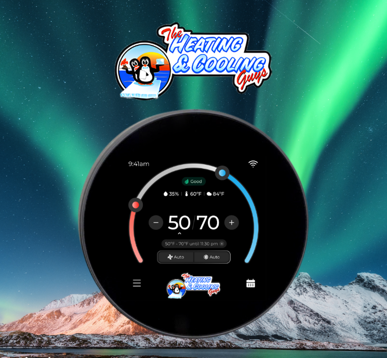 Aurora Smart Thermostat shown against an Aurora borealis skyline 